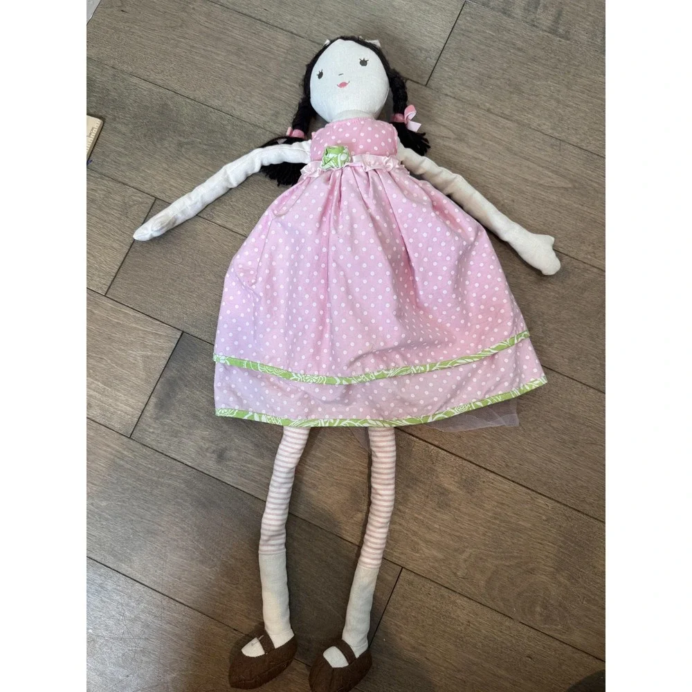Pottery Barn‎ Kids Princess Cloth Rag Doll 30 In Pink Polka Dot Dress Brown Hair